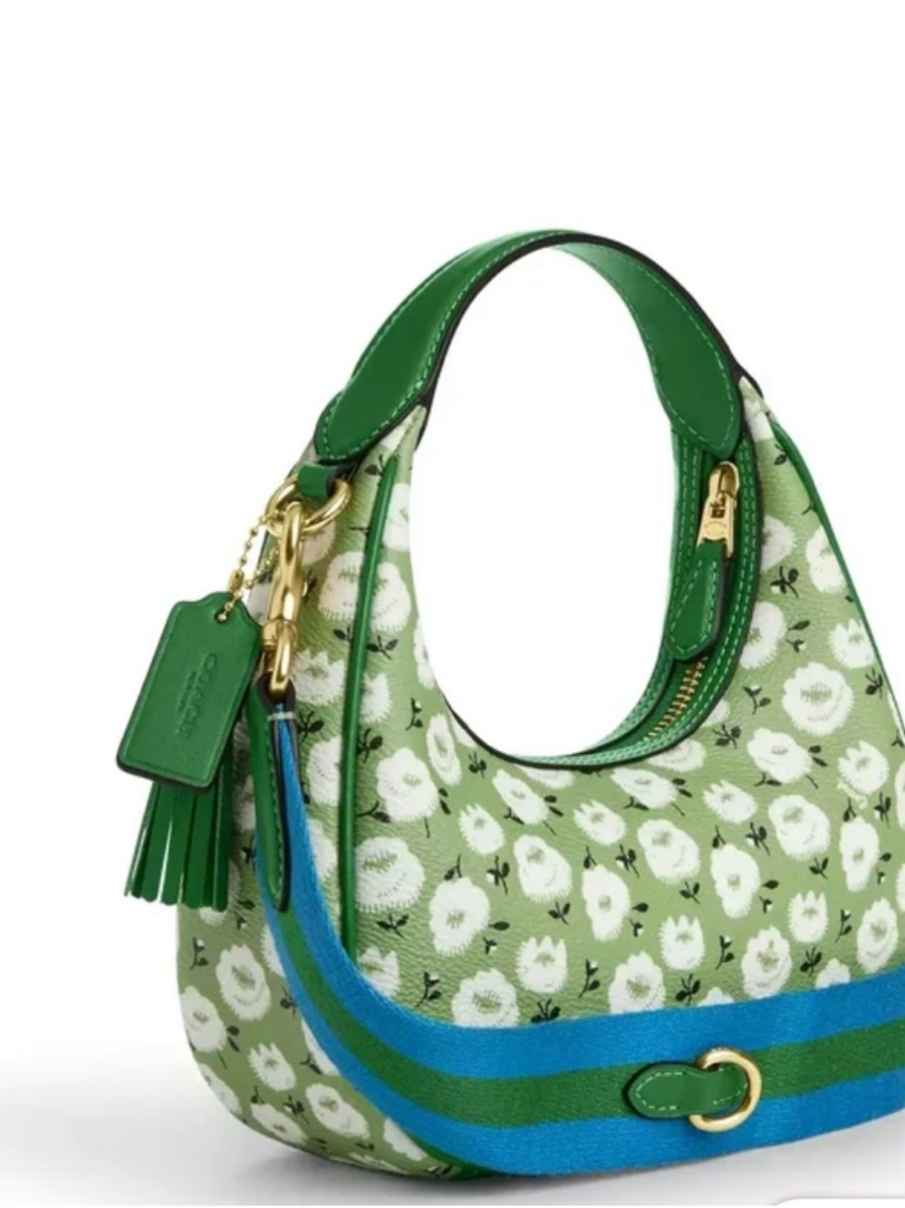 Coach Green Floral Leather Shoulder Bag with Blue Strap - Picture 2 of 3